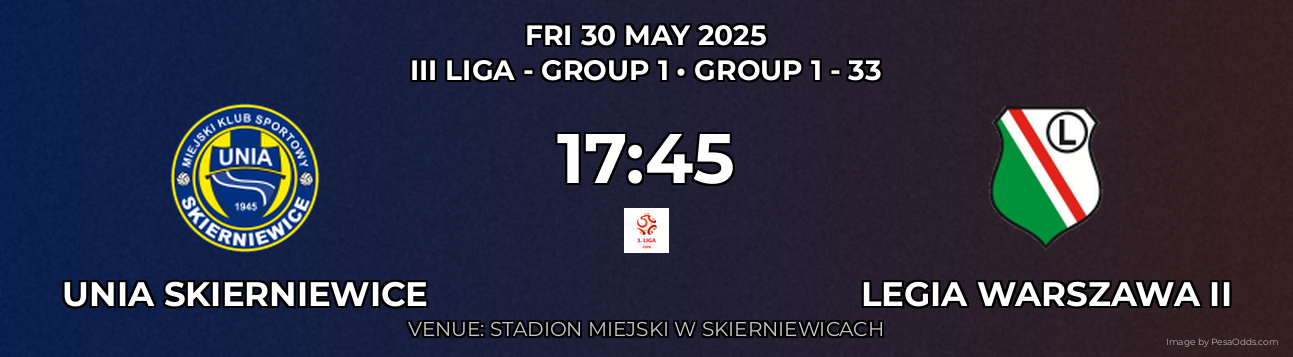 Unia Skierniewice vs Legia Warszawa II Prediction match poster for III Liga - Group 1 fixture on FRI 30 MAY 2025