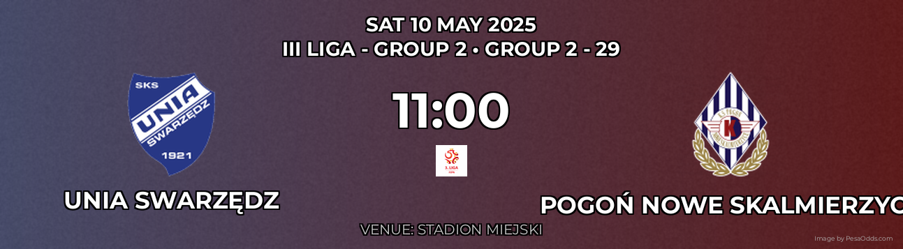 Unia Swarzędz vs Pogoń Nowe Skalmierzyce Prediction match poster for III Liga - Group 2 fixture on SAT 10 MAY 2025