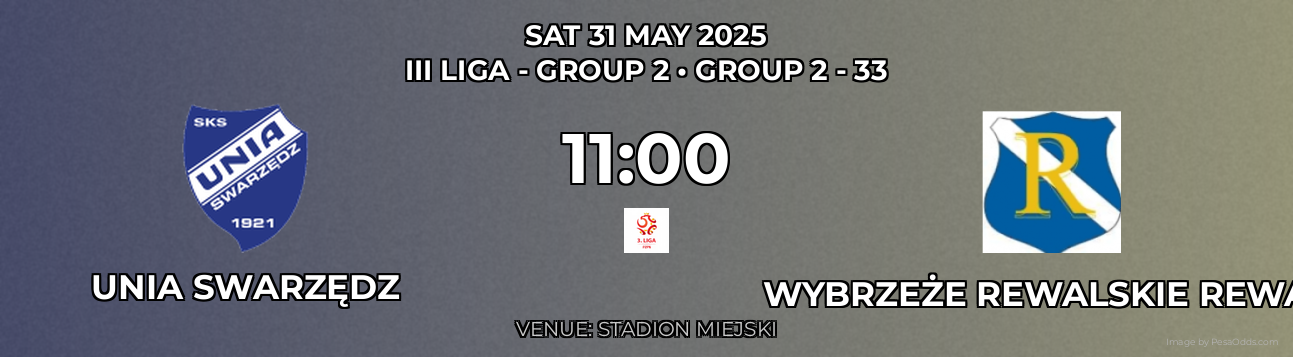 Unia Swarzędz vs Wybrzeże Rewalskie Rewal Prediction match poster for III Liga - Group 2 fixture on SAT 31 MAY 2025