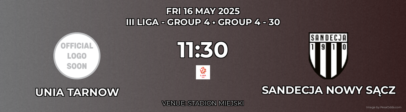 Unia Tarnow vs Sandecja Nowy Sącz Prediction match poster for III Liga - Group 4 fixture on FRI 16 MAY 2025