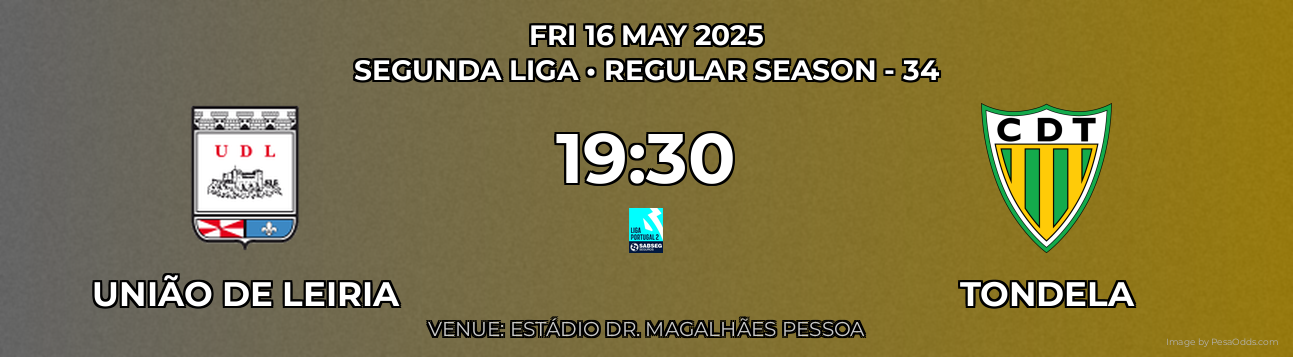 União de Leiria vs Tondela Prediction match poster for Segunda Liga fixture on FRI 16 MAY 2025