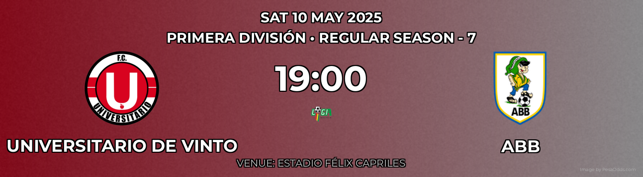 Universitario de Vinto vs ABB Prediction match poster for Primera División fixture on SAT 10 MAY 2025