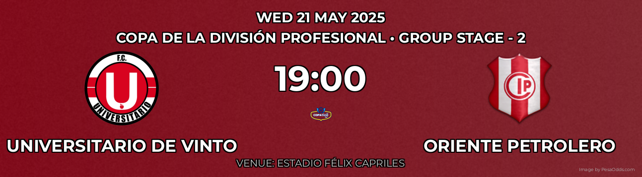 Universitario de Vinto vs Oriente Petrolero Prediction match poster for Copa de la División Profesional fixture on WED 21 MAY 2025
