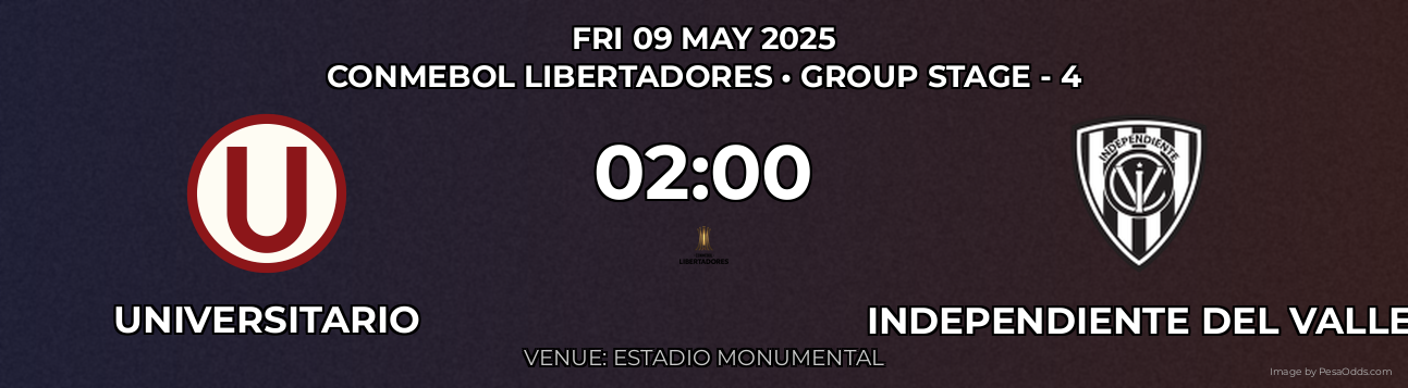 Universitario vs Independiente del Valle Prediction match poster for CONMEBOL Libertadores fixture on FRI 09 MAY 2025