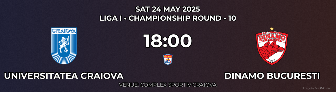 Universitatea Craiova vs Dinamo Bucuresti Prediction match poster for Liga I fixture on SAT 24 MAY 2025