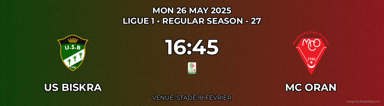 US Biskra vs MC Oran Prediction match poster for Ligue 1 fixture on MON 26 MAY 2025
