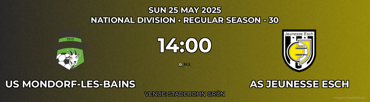 US Mondorf-les-bains vs AS Jeunesse Esch Prediction match poster for National Division fixture on SUN 25 MAY 2025