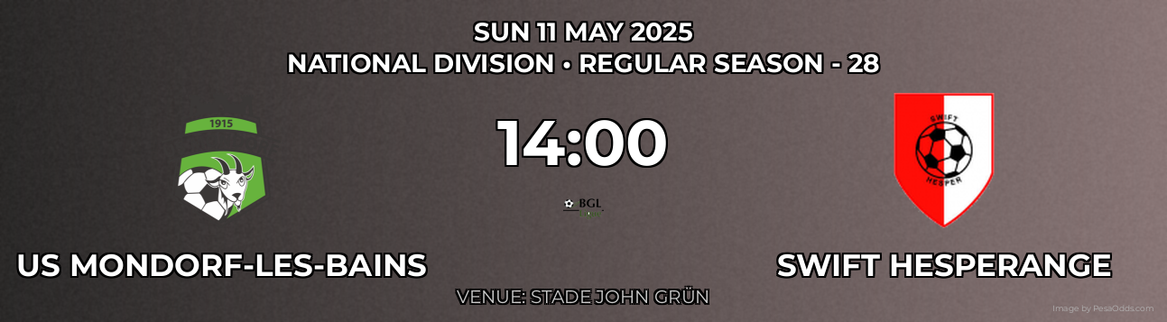 US Mondorf-les-bains vs Swift Hesperange Prediction match poster for National Division fixture on SUN 11 MAY 2025