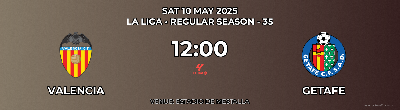 Valencia vs Getafe Prediction match poster for La Liga fixture on SAT 10 MAY 2025