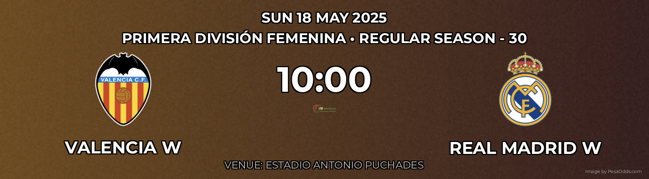 Valencia W vs Real Madrid W Prediction match poster for Primera División Femenina fixture on SUN 18 MAY 2025