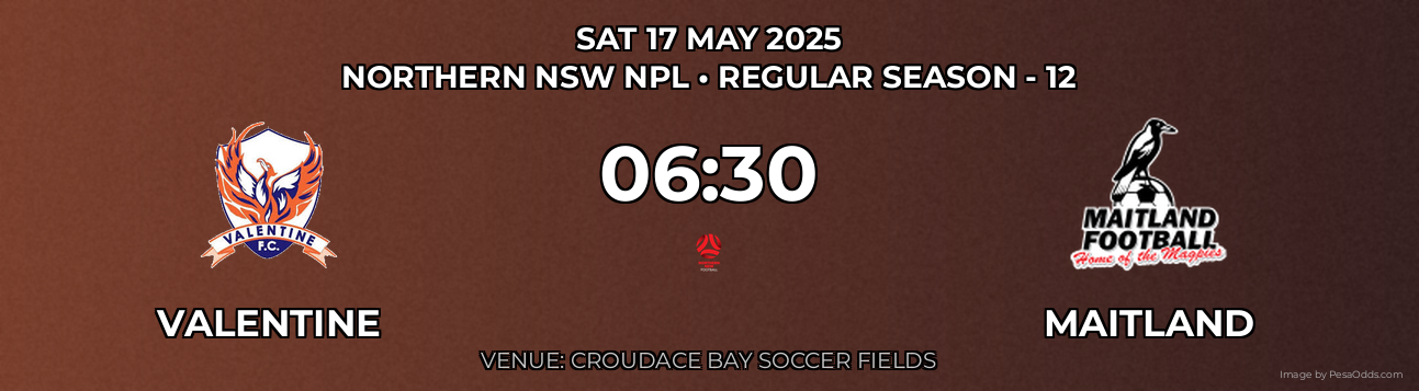 Valentine vs Maitland Prediction match poster for Northern NSW NPL fixture on SAT 17 MAY 2025