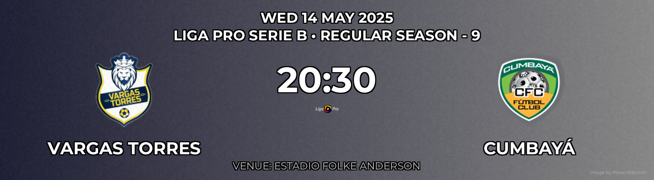 Vargas Torres vs Cumbayá Prediction match poster for Liga Pro Serie B fixture on WED 14 MAY 2025