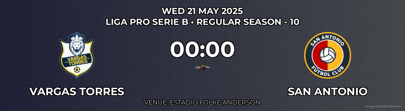 Vargas Torres vs San Antonio Prediction match poster for Liga Pro Serie B fixture on WED 21 MAY 2025