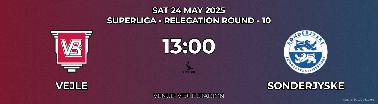 Vejle vs Sonderjyske Prediction match poster for Superliga fixture on SAT 24 MAY 2025