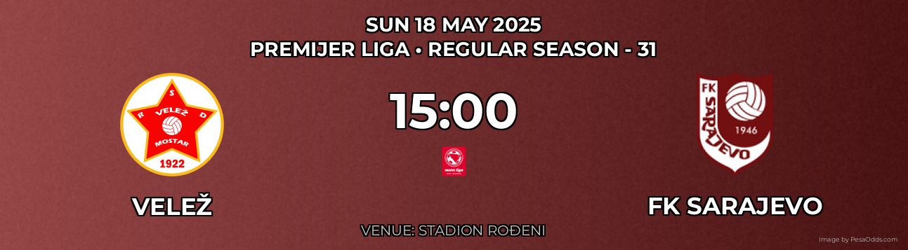 Velež vs FK Sarajevo Prediction match poster for Premijer Liga fixture on SUN 18 MAY 2025