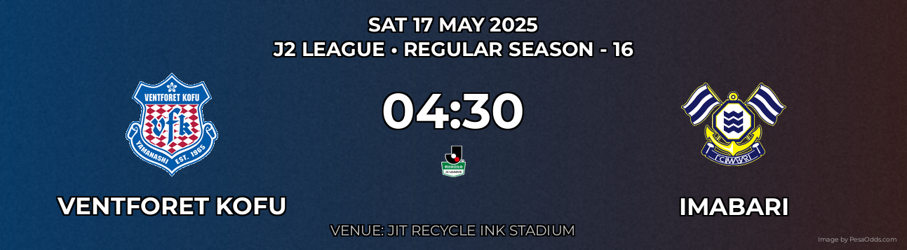 Ventforet Kofu vs Imabari Prediction match poster for J2 League fixture on SAT 17 MAY 2025