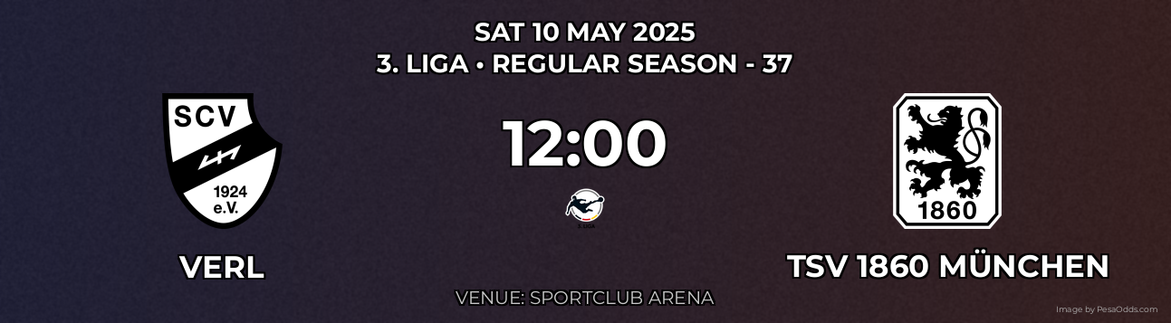 Verl vs TSV 1860 München Prediction match poster for 3. Liga fixture on SAT 10 MAY 2025