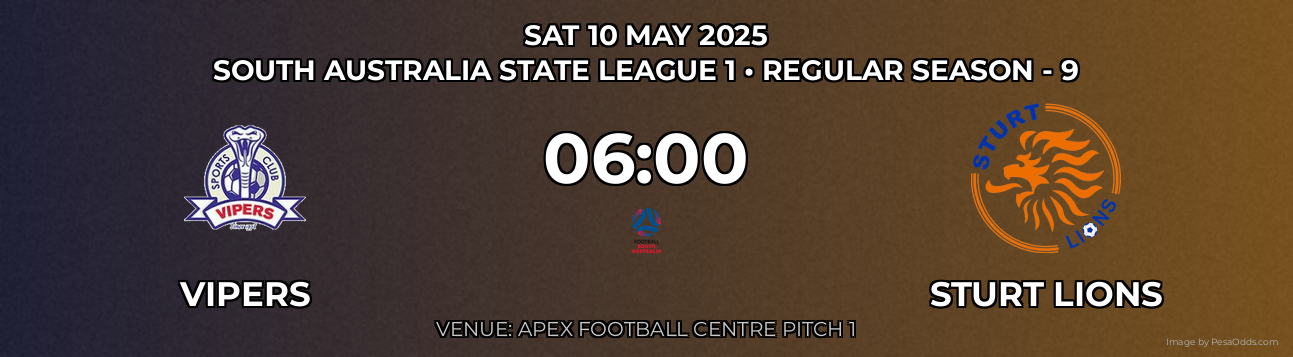 Vipers vs Sturt Lions Prediction match poster for South Australia State League 1 fixture on SAT 10 MAY 2025