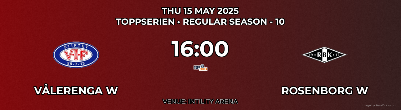 Vålerenga W vs Rosenborg W Prediction match poster for Toppserien fixture on THU 15 MAY 2025