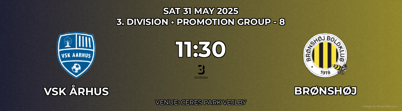 VSK Århus vs Brønshøj Prediction match poster for 3. Division fixture on SAT 31 MAY 2025