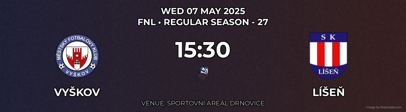 Vyškov vs Líšeň Prediction match poster for FNL fixture on WED 07 MAY 2025