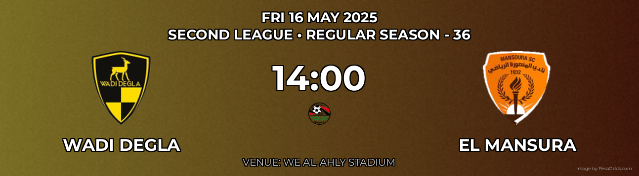 Wadi Degla vs El Mansura Prediction match poster for Second League fixture on FRI 16 MAY 2025
