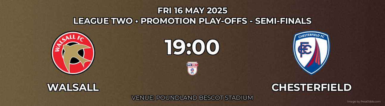 Walsall vs Chesterfield Prediction match poster for League Two fixture on FRI 16 MAY 2025