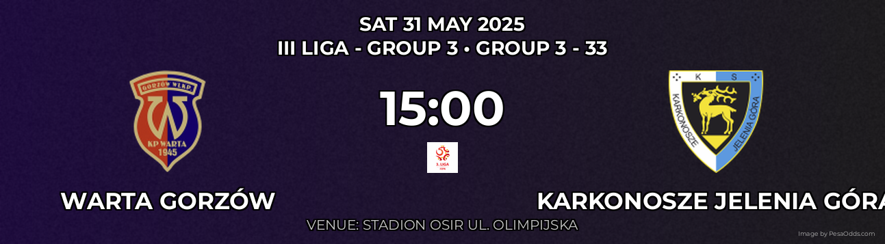 Warta Gorzów vs Karkonosze Jelenia Góra Prediction match poster for III Liga - Group 3 fixture on SAT 31 MAY 2025