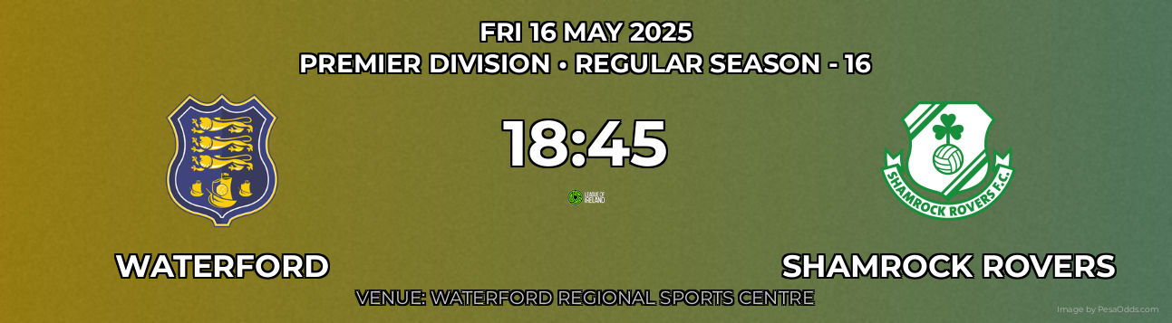 Waterford vs Shamrock Rovers Prediction match poster for Premier Division fixture on FRI 16 MAY 2025