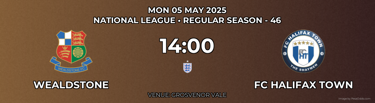 Wealdstone vs FC Halifax Town Prediction match poster for National League fixture on MON 05 MAY 2025