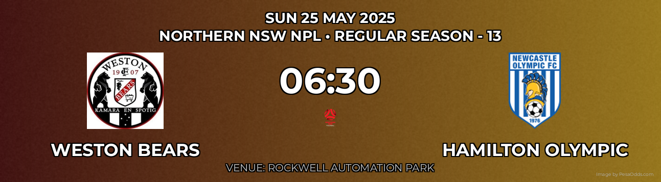 Weston Bears vs Hamilton Olympic Prediction match poster for Northern NSW NPL fixture on SUN 25 MAY 2025