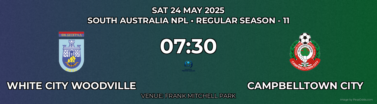 White City Woodville vs Campbelltown City Prediction match poster for South Australia NPL fixture on SAT 24 MAY 2025