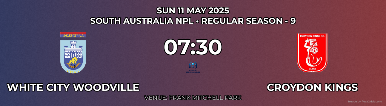 White City Woodville vs Croydon Kings Prediction match poster for South Australia NPL fixture on SUN 11 MAY 2025