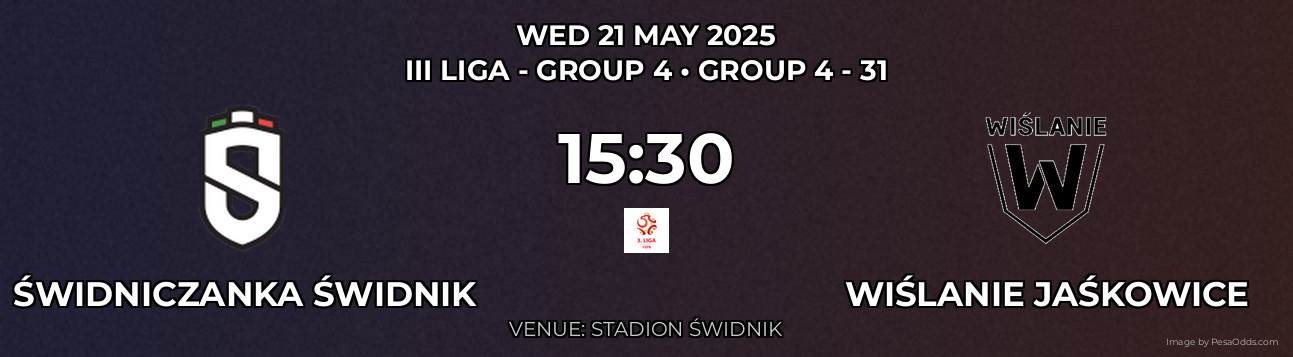 Świdniczanka Świdnik vs Wiślanie Jaśkowice Prediction match poster for III Liga - Group 4 fixture on WED 21 MAY 2025