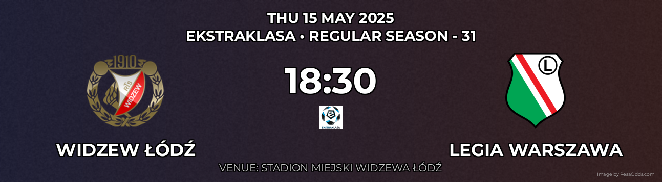 Widzew Łódź vs Legia Warszawa Prediction match poster for Ekstraklasa fixture on THU 15 MAY 2025