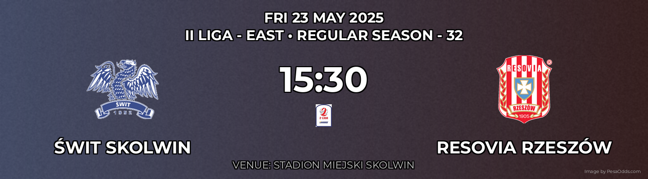 Świt Skolwin vs Resovia Rzeszów Prediction match poster for II Liga - East fixture on FRI 23 MAY 2025