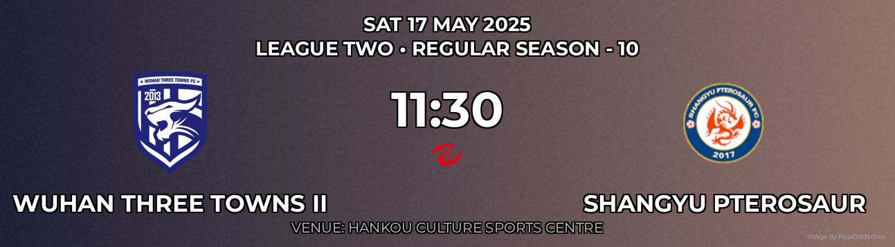 Wuhan Three Towns II vs Shangyu Pterosaur Prediction match poster for League Two fixture on SAT 17 MAY 2025