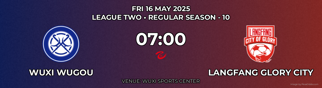 Wuxi Wugou vs Langfang Glory City Prediction match poster for League Two fixture on FRI 16 MAY 2025