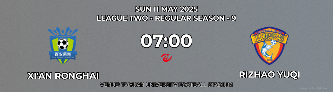 Xi'an Ronghai vs Rizhao Yuqi Prediction match poster for League Two fixture on SUN 11 MAY 2025