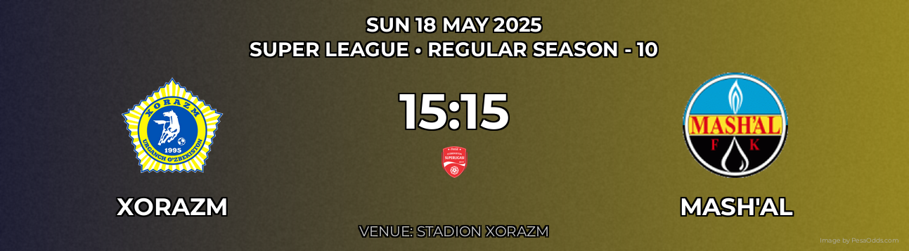 Xorazm vs Mash'al Prediction match poster for Super League fixture on SUN 18 MAY 2025