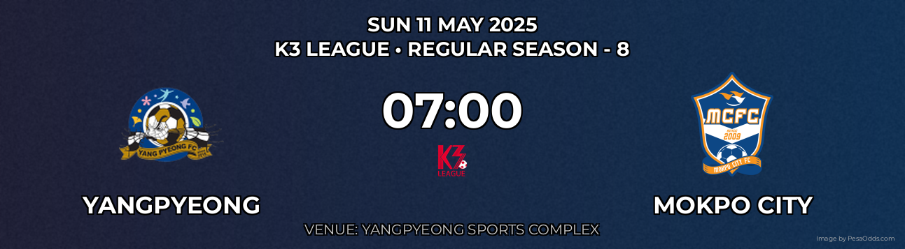 Yangpyeong vs Mokpo City Prediction match poster for K3 League fixture on SUN 11 MAY 2025