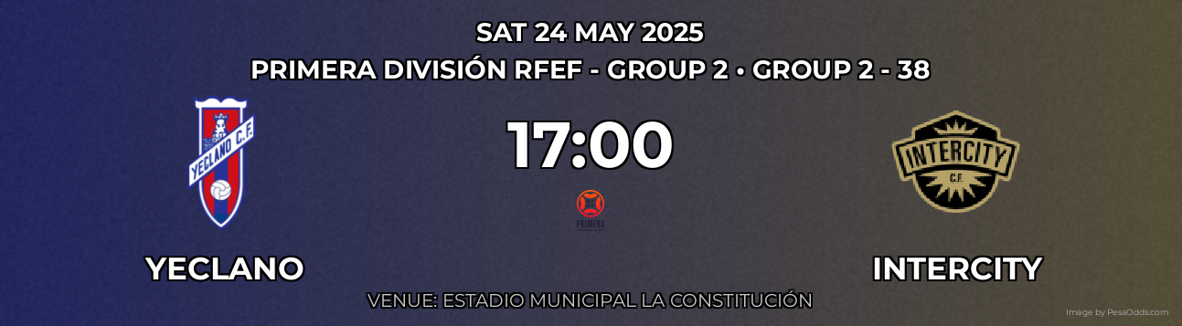 Yeclano vs Intercity Prediction match poster for Primera División RFEF - Group 2 fixture on SAT 24 MAY 2025