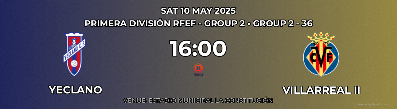 Yeclano vs Villarreal II Prediction match poster for Primera División RFEF - Group 2 fixture on SAT 10 MAY 2025