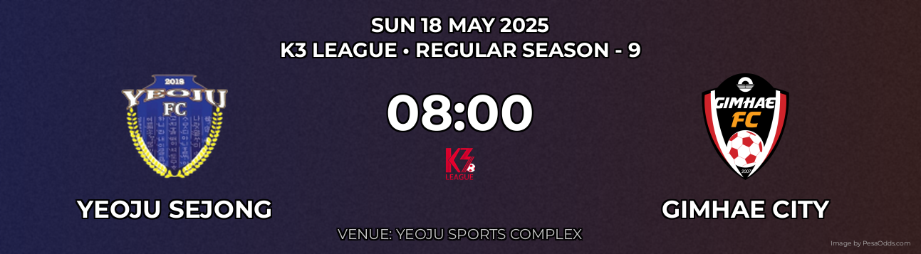 Yeoju Sejong vs Gimhae City Prediction match poster for K3 League fixture on SUN 18 MAY 2025