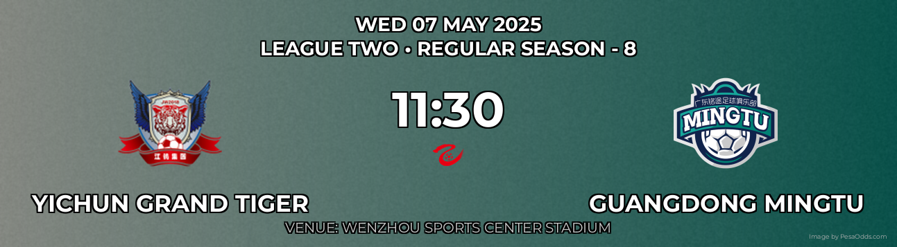 Yichun Grand Tiger vs Guangdong Mingtu Prediction match poster for League Two fixture on WED 07 MAY 2025