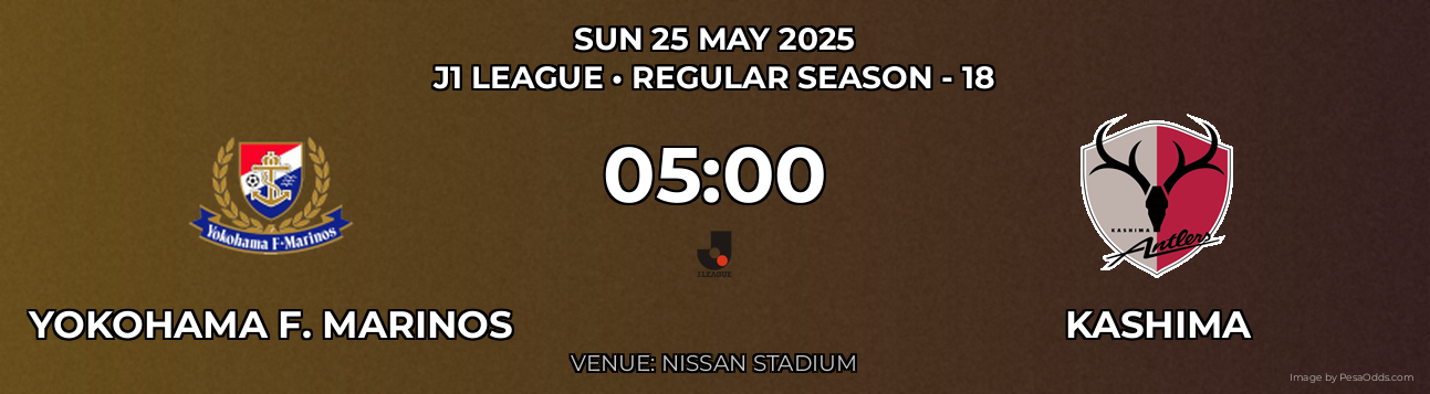 Yokohama F. Marinos vs Kashima Prediction match poster for J1 League fixture on SUN 25 MAY 2025