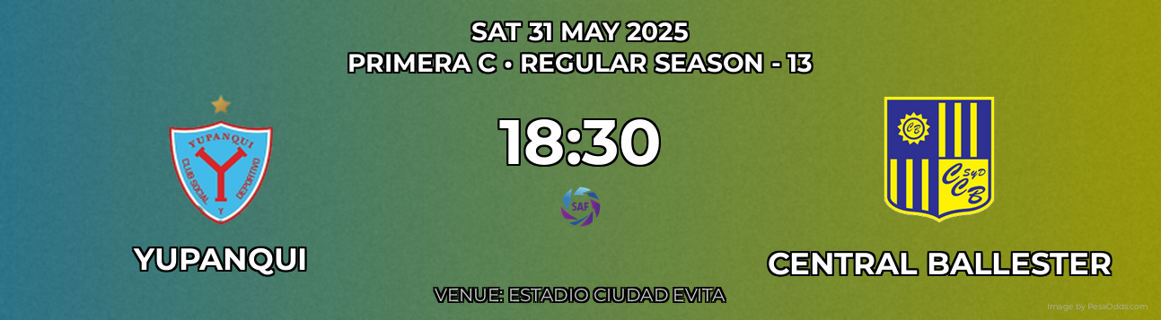 Yupanqui vs Central Ballester Prediction match poster for Primera C fixture on SAT 31 MAY 2025