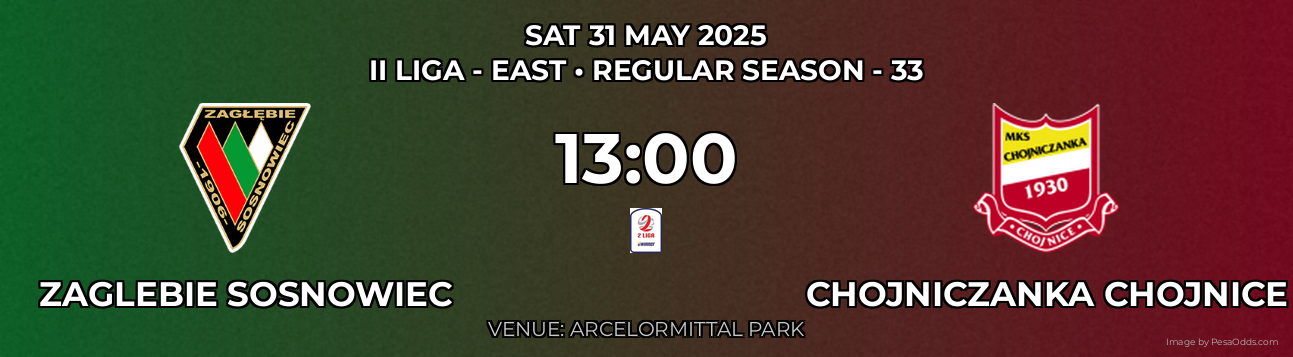 Zaglebie Sosnowiec vs Chojniczanka Chojnice Prediction match poster for II Liga - East fixture on SAT 31 MAY 2025