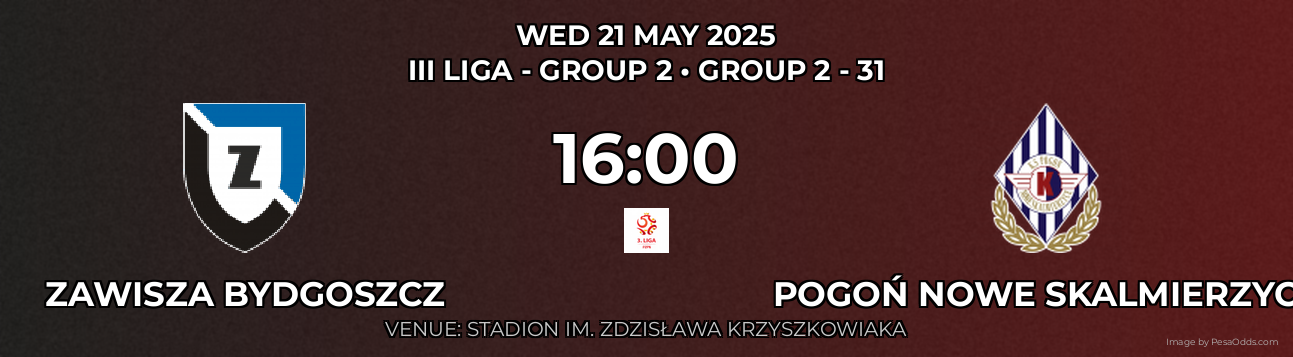 Zawisza Bydgoszcz vs Pogoń Nowe Skalmierzyce Prediction match poster for III Liga - Group 2 fixture on WED 21 MAY 2025