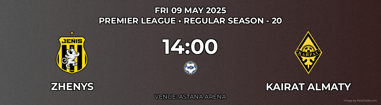 Zhenys vs Kairat Almaty Prediction match poster for Premier League fixture on FRI 09 MAY 2025